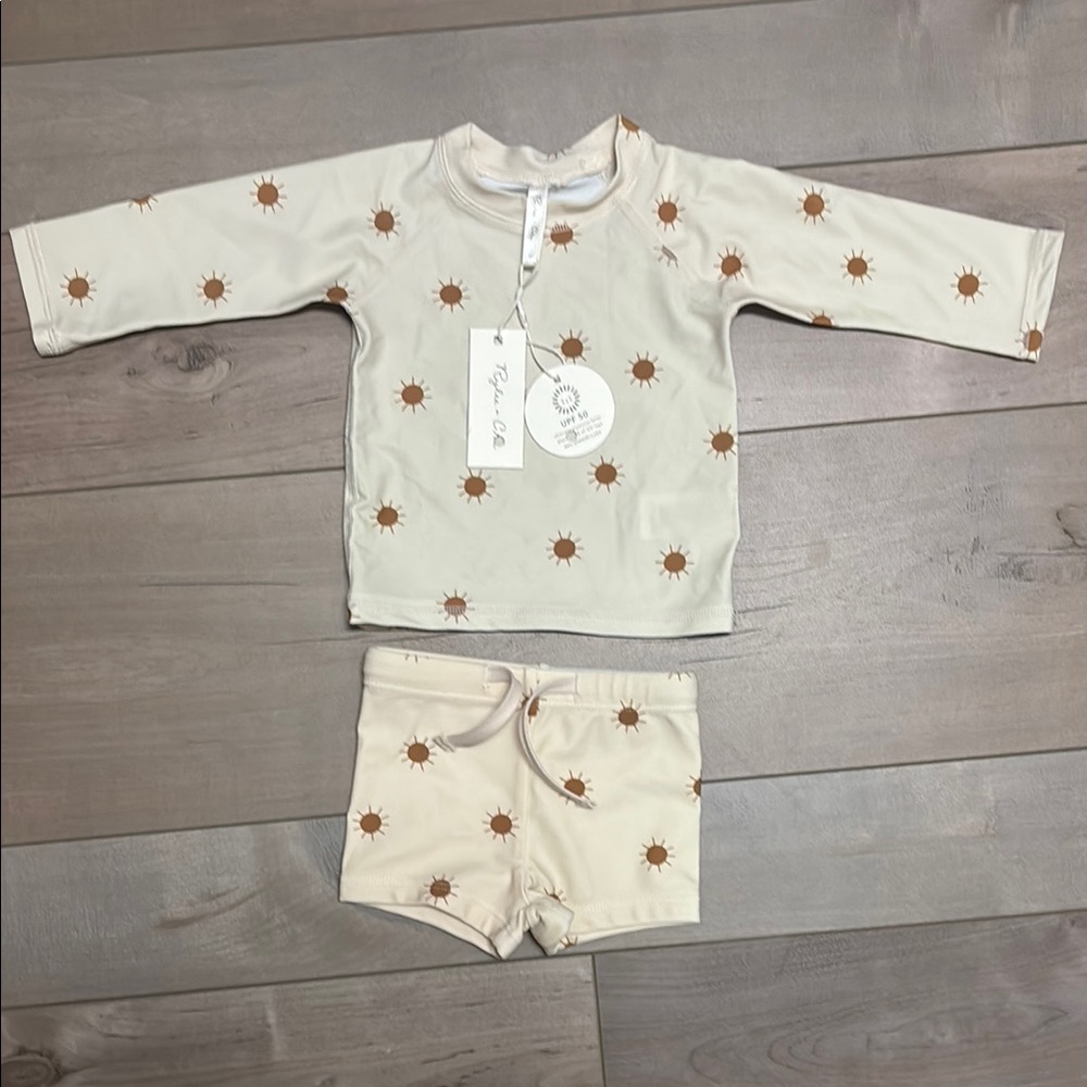 Rylee + Cru Cream and Brown Kids Swim Rashguard Set